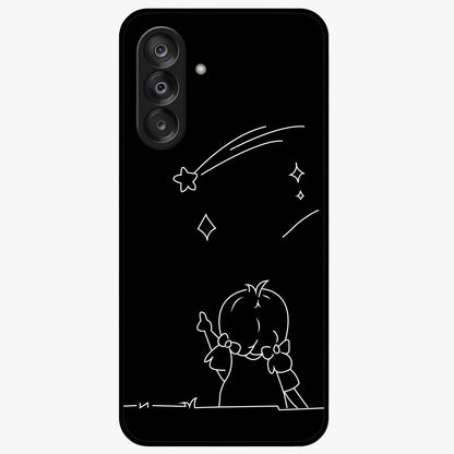 Line Art Girl With Shooting Stars Glass Case showing flat back view with minimal line art girl and shooting stars illustration and glossy glass finish.