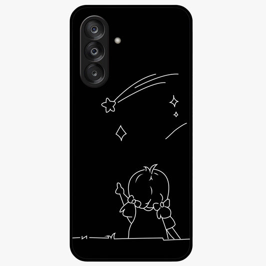 Line Art Girl With Shooting Stars Glass Case showing flat back view with minimal line art girl and shooting stars illustration and glossy glass finish.