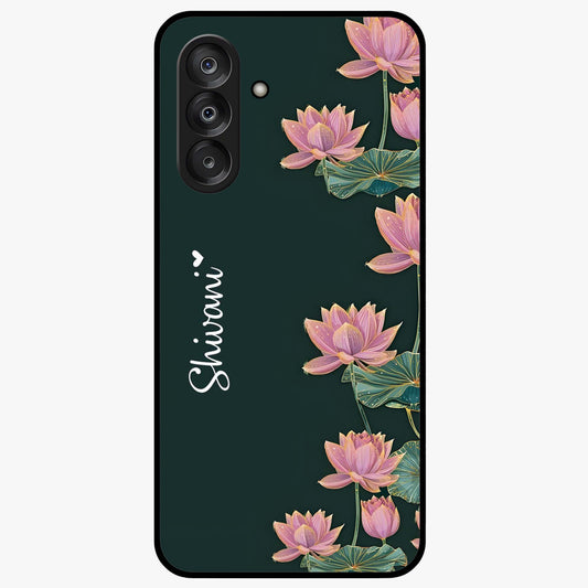 Lotus Bloom Serenity Custom Name Glass Case showing flat back view with elegant lotus flower artwork and personalized name design.