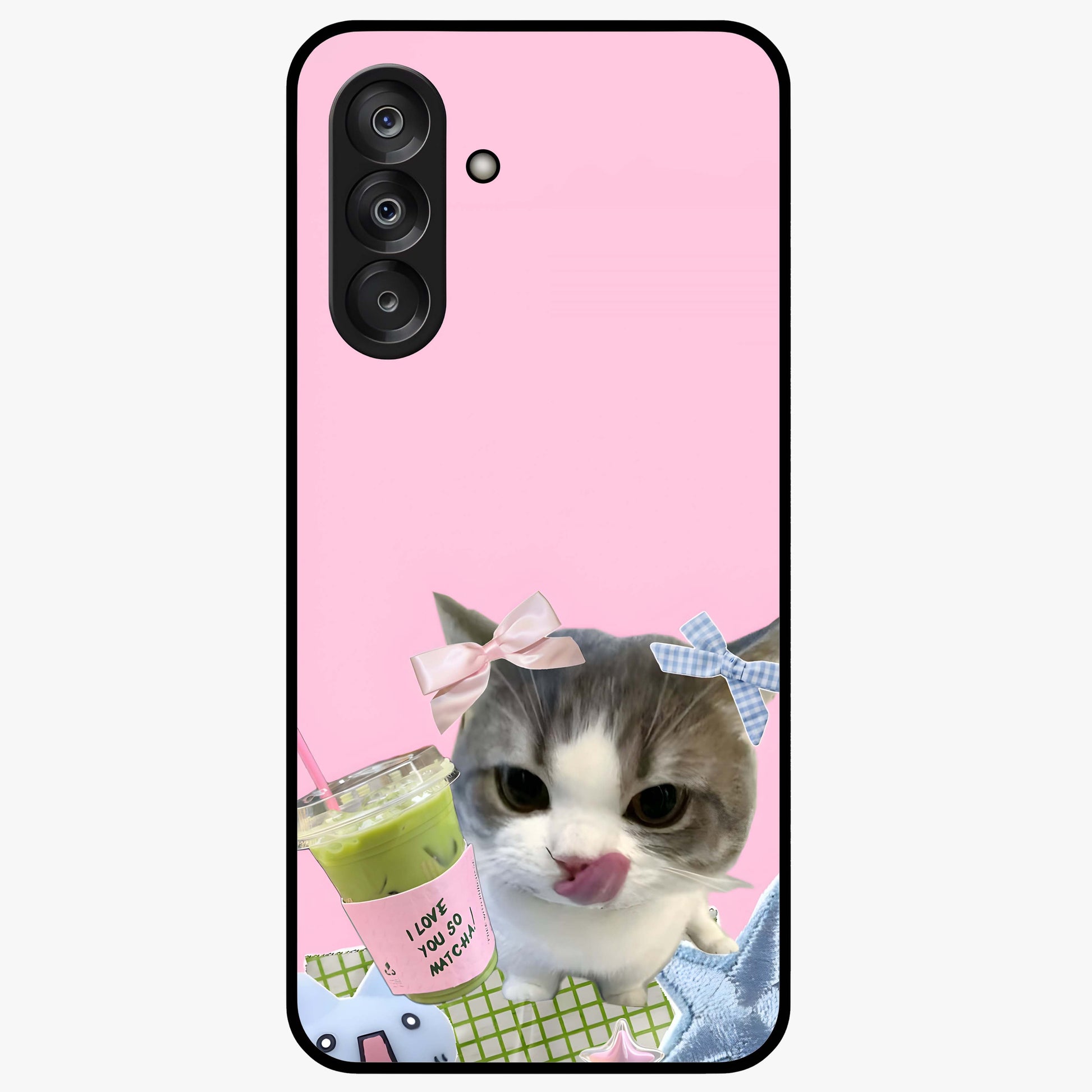 Love Matcha Cat Glass Case showing flat back view with cute cat and matcha themed artwork and glossy glass finish.