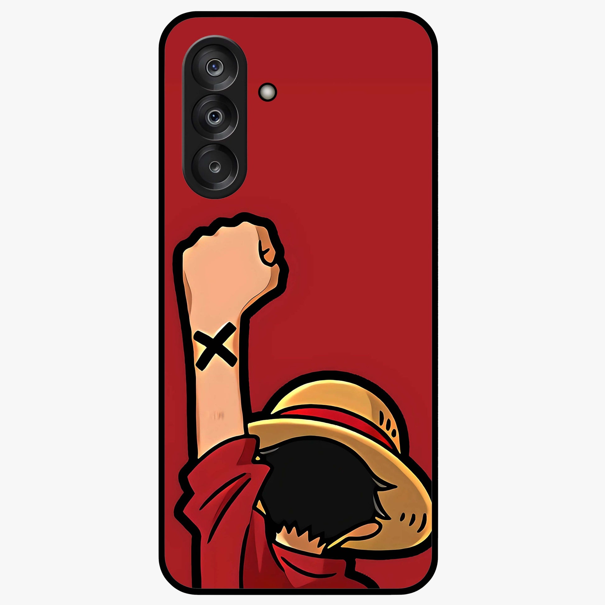 Luffy X Spirit Glass Case showing flat back view with bold anime character artwork and glossy glass finish.