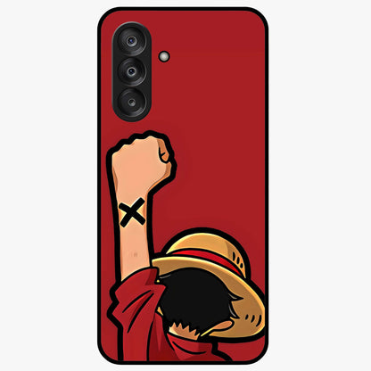 Luffy X Spirit Glass Case showing flat back view with bold anime character artwork and glossy glass finish.