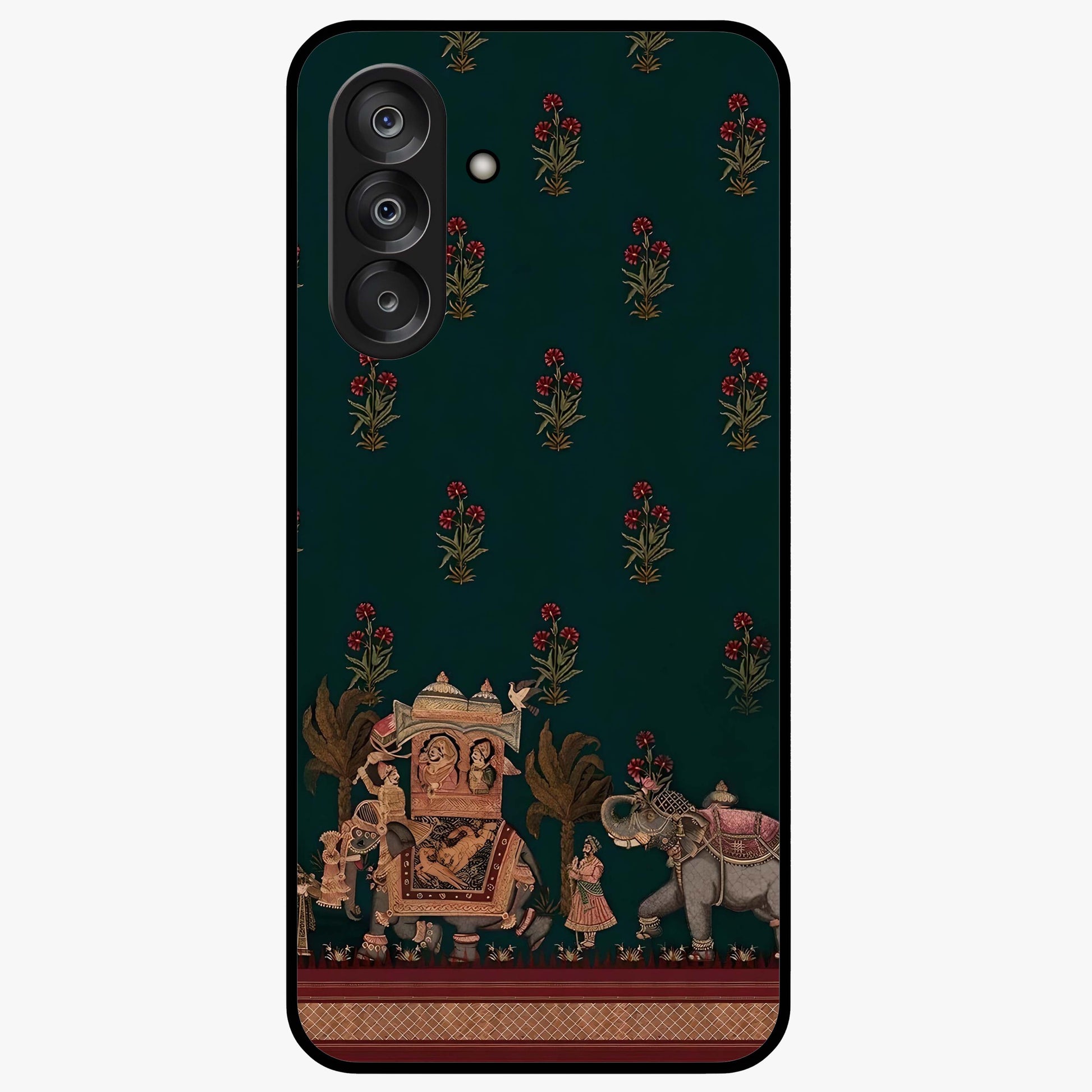 Macmerise Glass Case showing flat back view with stylish modern artwork and glossy glass finish.