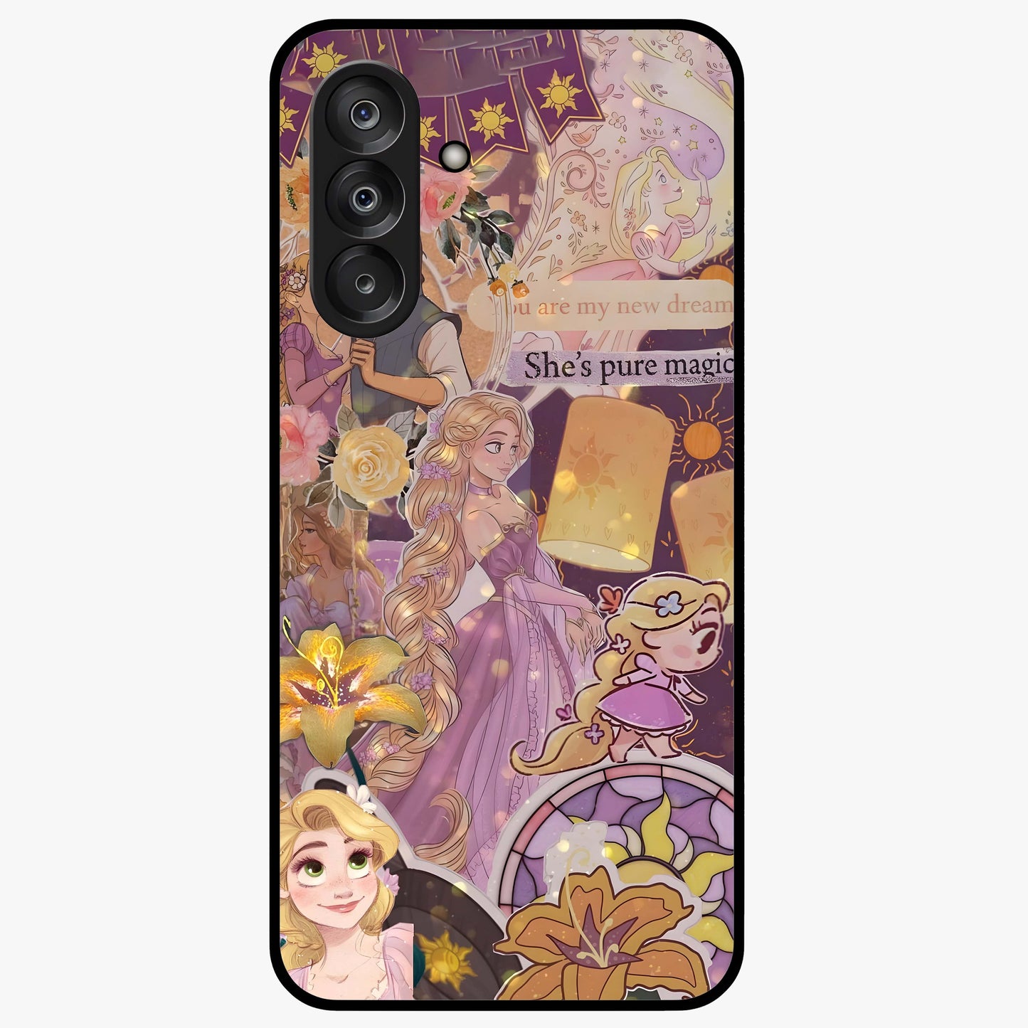 Magical Tangled Dream Glass Case showing flat back view with dreamy tangled artwork and glossy glass finish.