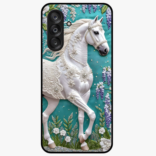 Majestic Floral Stallion Glass Case showing flat back view with powerful horse and floral artwork and glossy glass finish.