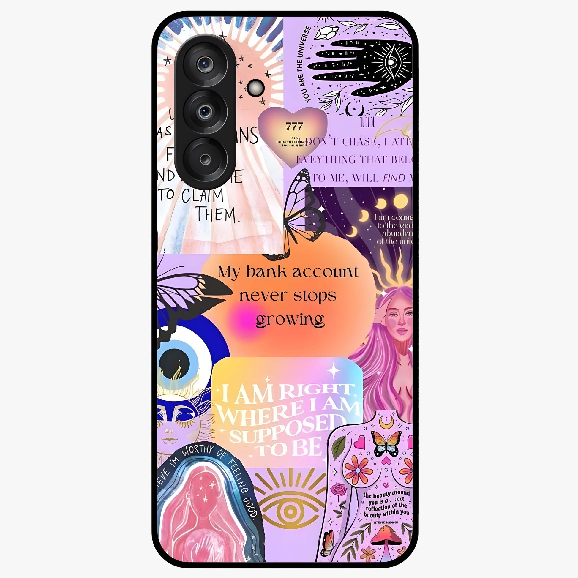 Manifestation Collage Glass Case showing flat back view with motivational collage artwork and glossy glass finish.