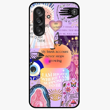 Manifestation Collage Glass Case showing flat back view with motivational collage artwork and glossy glass finish.