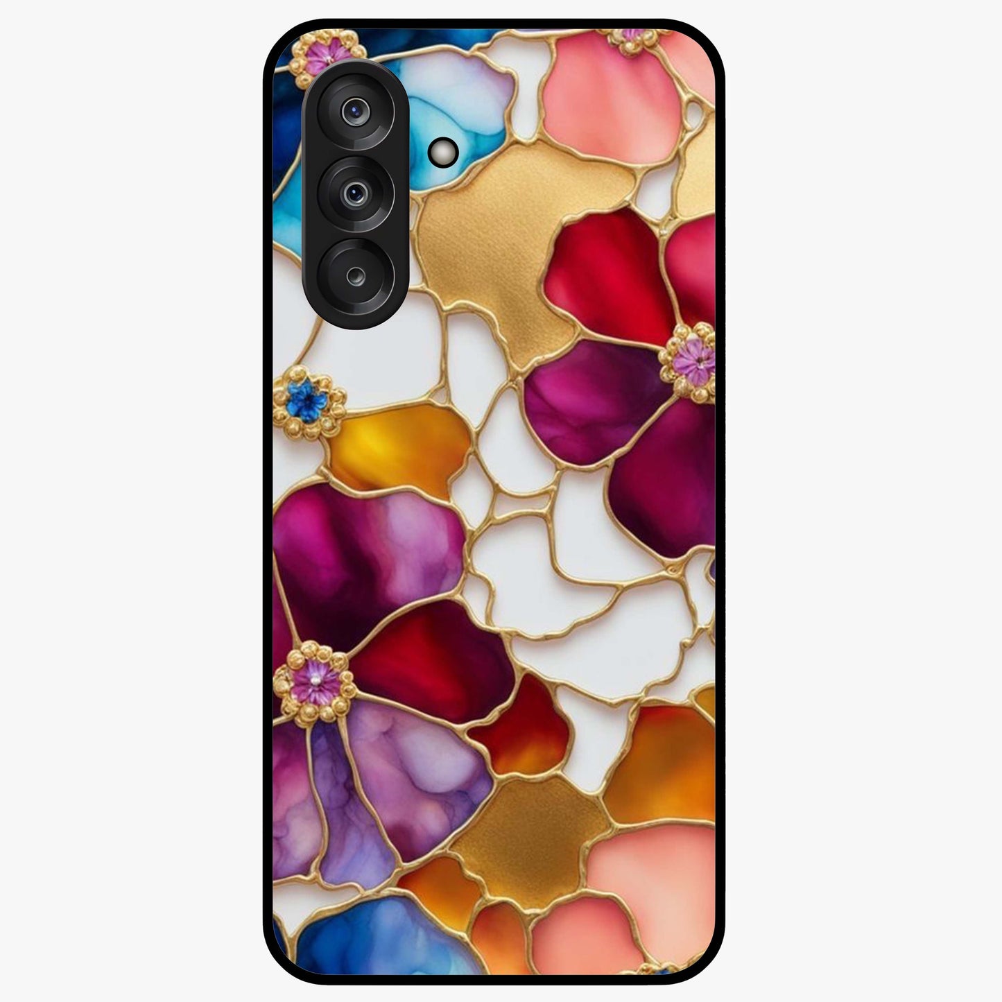 Marble Flower Pattern Glass Case showing flat back view with marble texture floral artwork and glossy glass finish.