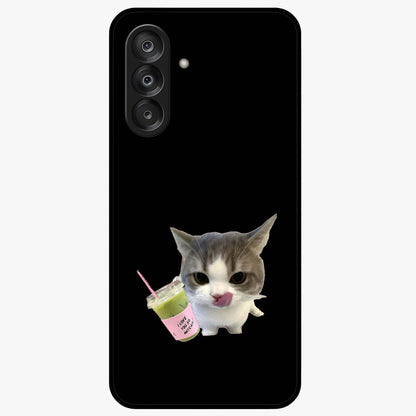 Matcha Cat Style Glass Case showing flat back view with cute matcha themed cat artwork and glossy glass finish.