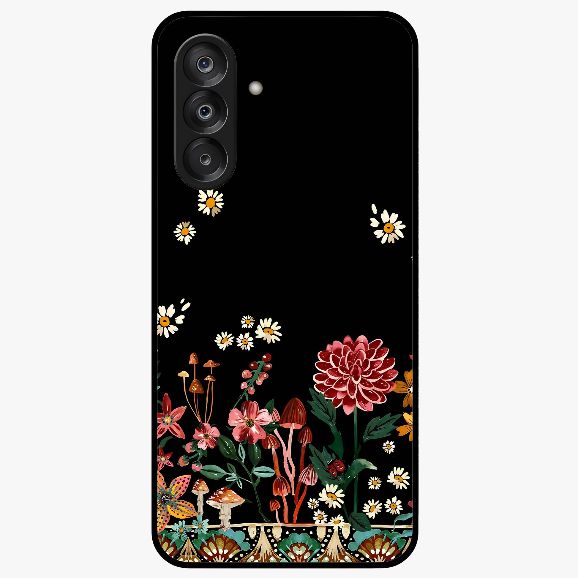 Midnight Bloom Pattern Glass Case showing flat back view with dark floral pattern artwork and glossy glass finish.