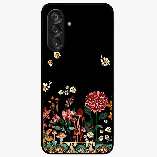 Midnight Bloom Pattern Glass Case showing flat back view with dark floral pattern artwork and glossy glass finish.