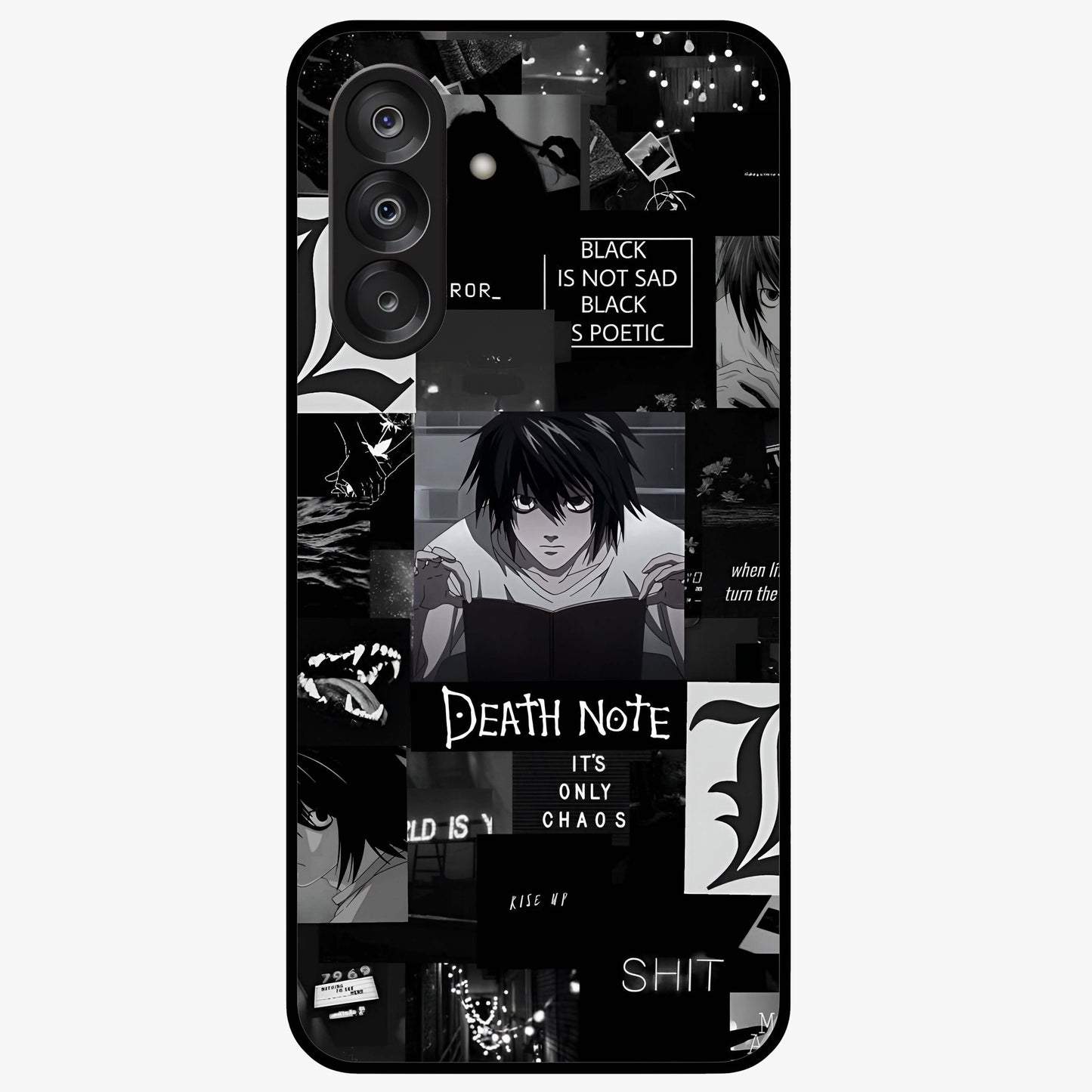 Midnight Chaos Mind Glass Case showing flat back view with abstract dark themed artwork and glossy glass finish.