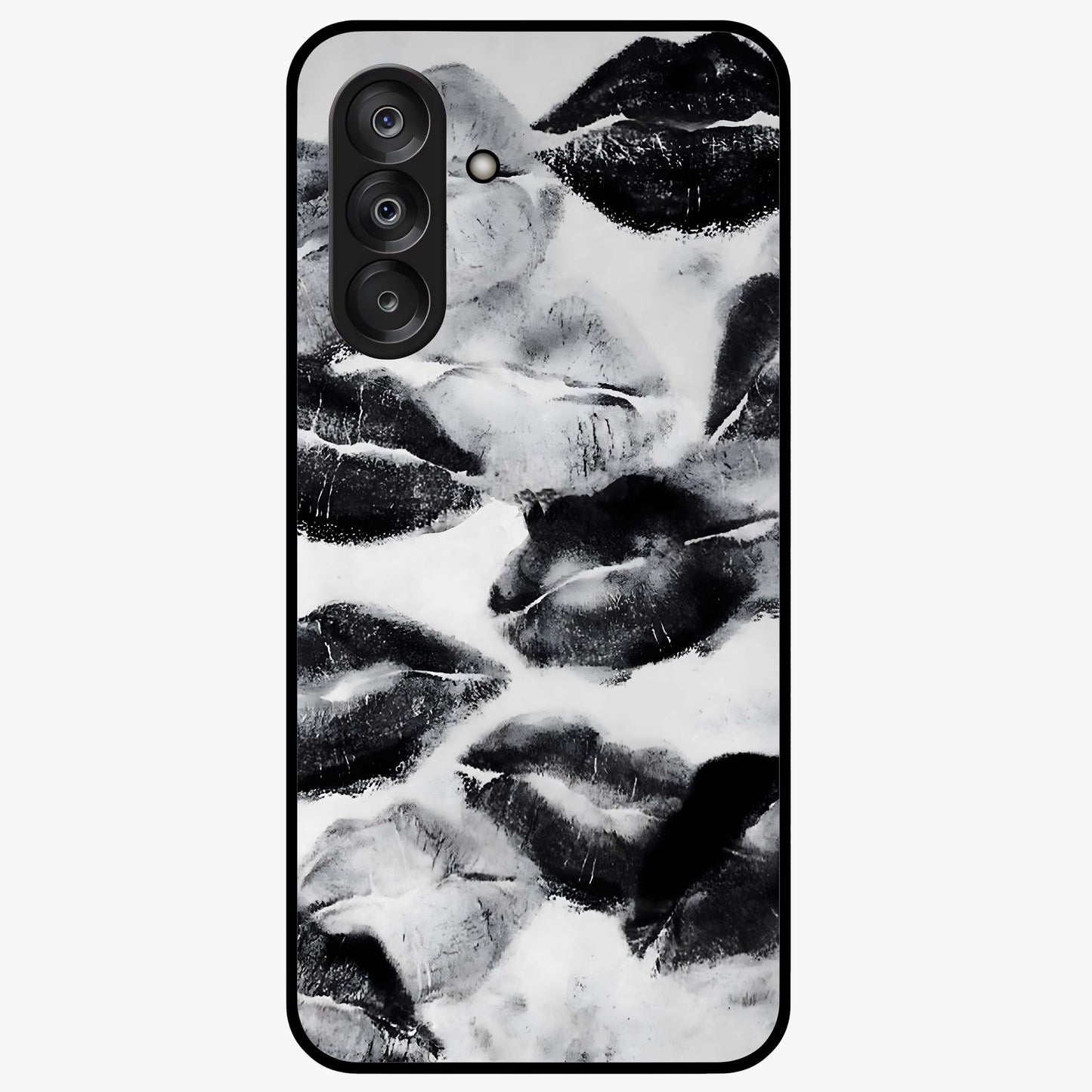 Midnight Kiss Marks Glass Case showing flat back view with lipstick kiss mark artwork and glossy glass finish.