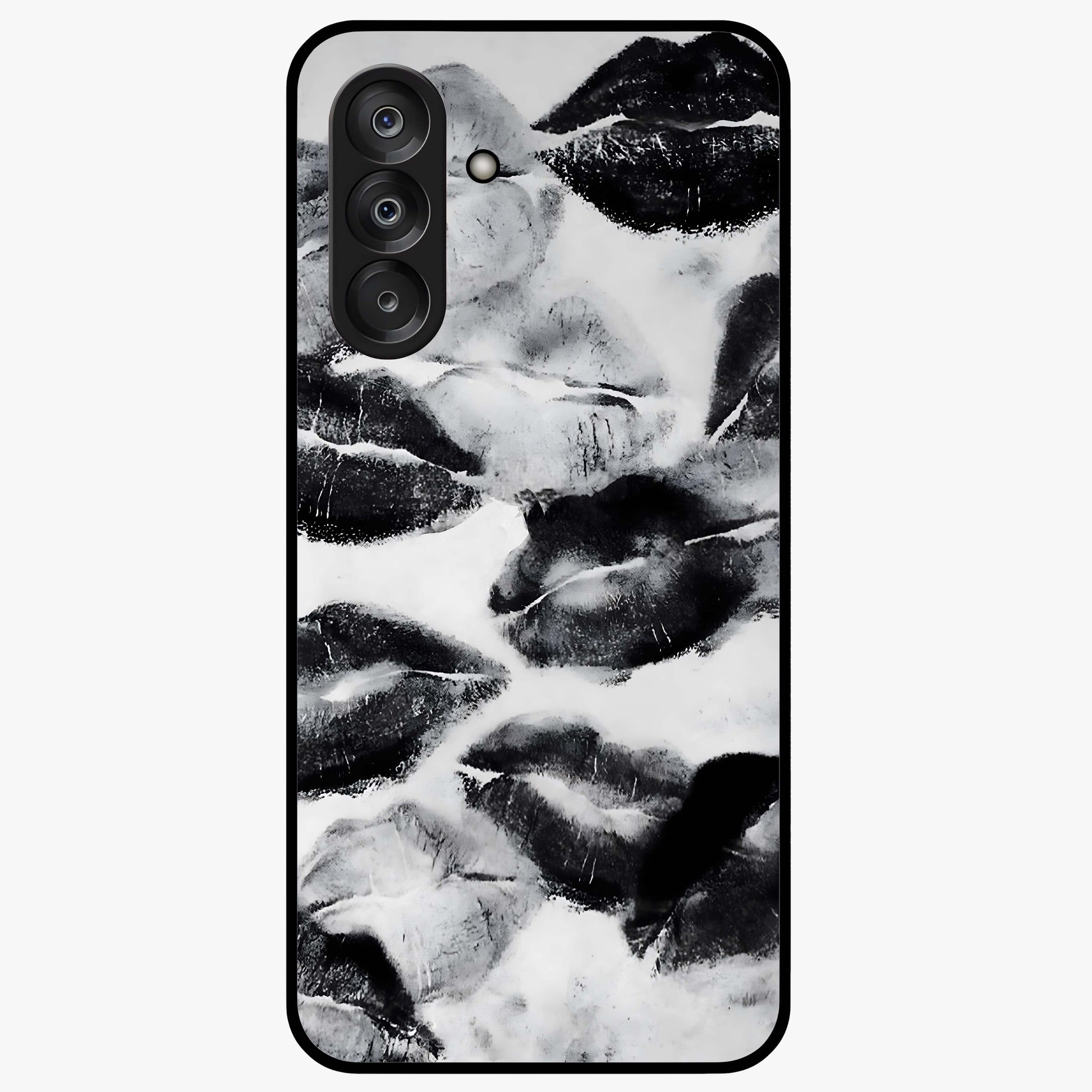 Midnight Kiss Marks Glass Case showing flat back view with lipstick kiss mark artwork and glossy glass finish.