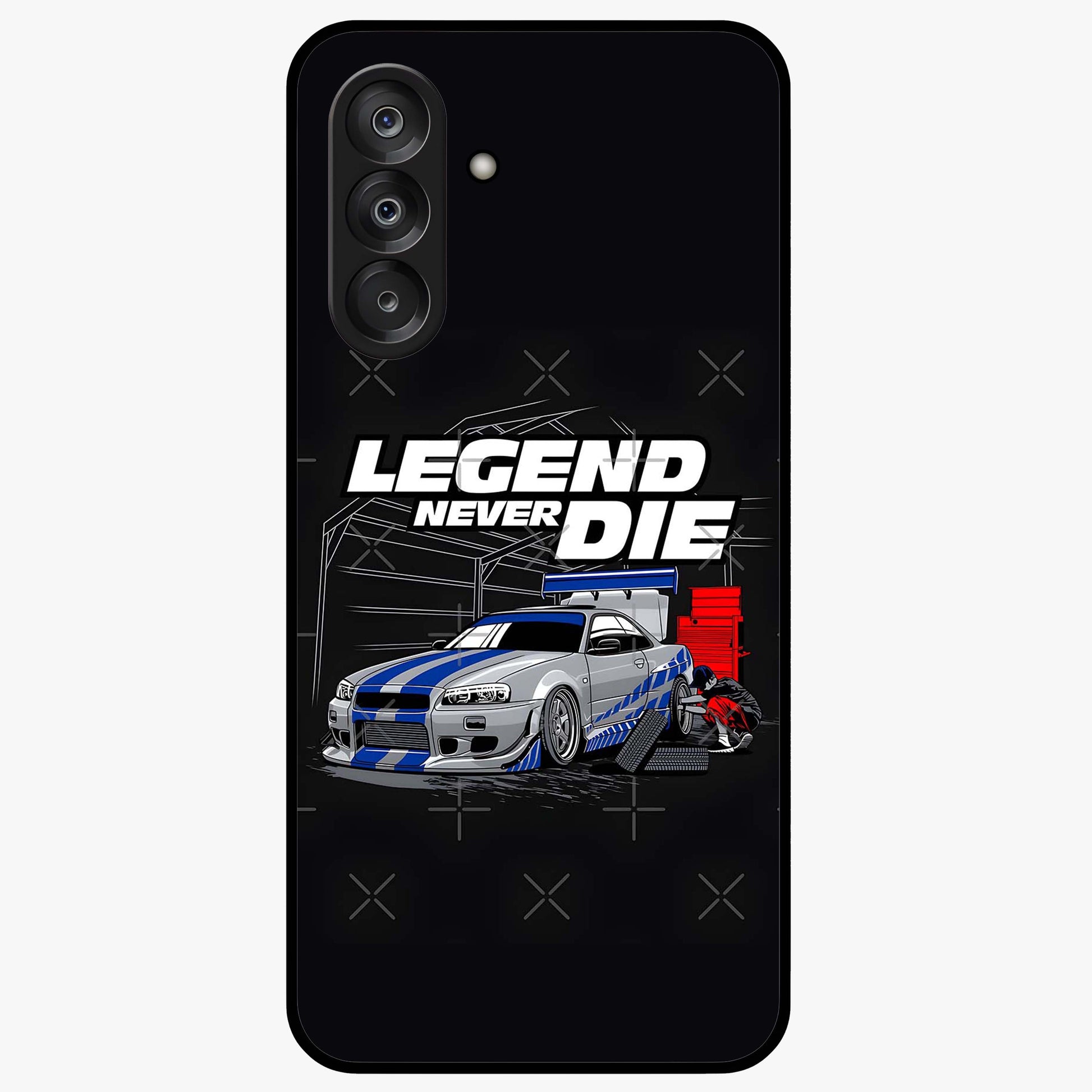 Midnight Racing Legacy Glass Case showing flat back view with sleek racing inspired artwork and glossy glass finish.