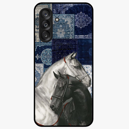 Midnight Stallion Blues Glass Case showing flat back view with majestic horse artwork and glossy glass finish.