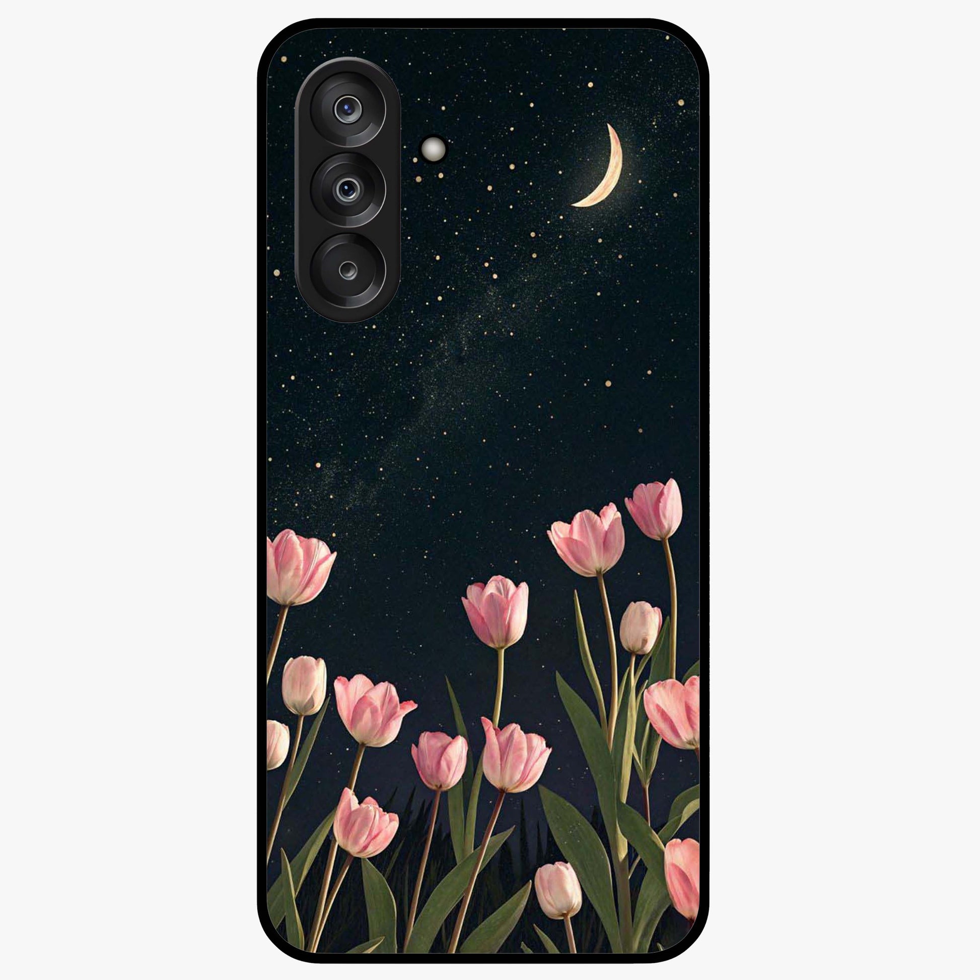 Midnight Tulip Whispers Vibe Glass Case showing flat back view with elegant tulip flower artwork and glossy glass finish.