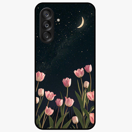 Midnight Tulip Whispers Vibe Glass Case showing flat back view with elegant tulip flower artwork and glossy glass finish.