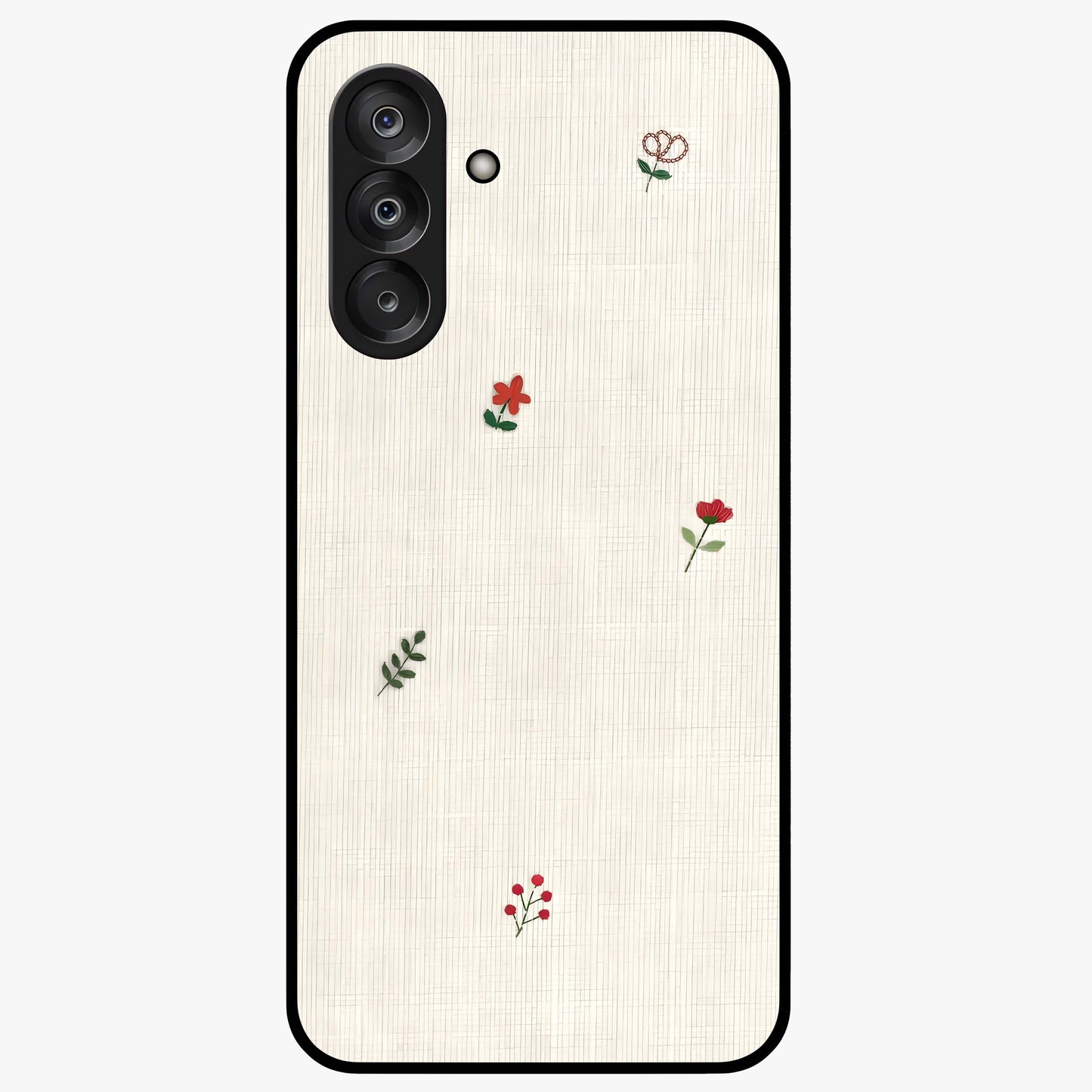 Minimal Petal Whispers Glass Case showing flat back view with soft minimal floral artwork and glossy glass finish.