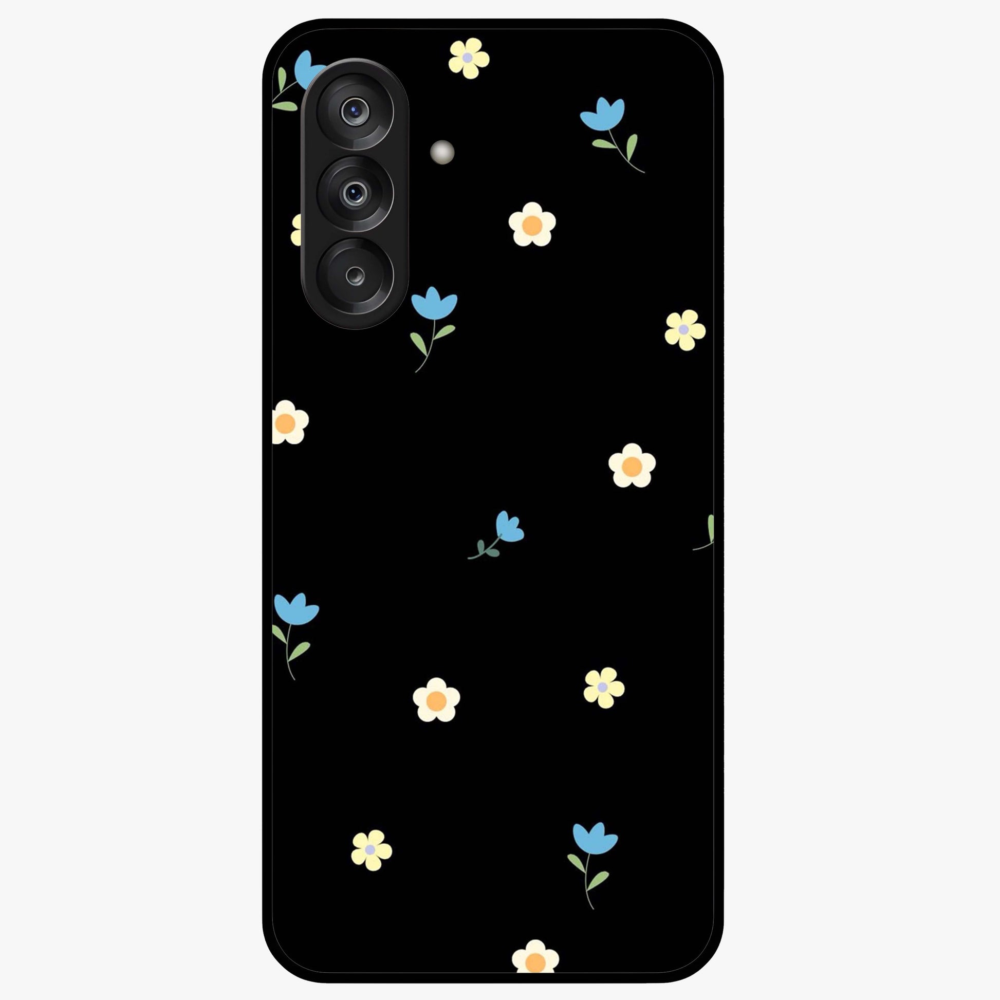 Minimalistic Blue With White Flower Pattern Glass Case showing flat back view with blue background and white flower pattern and glossy glass finish.