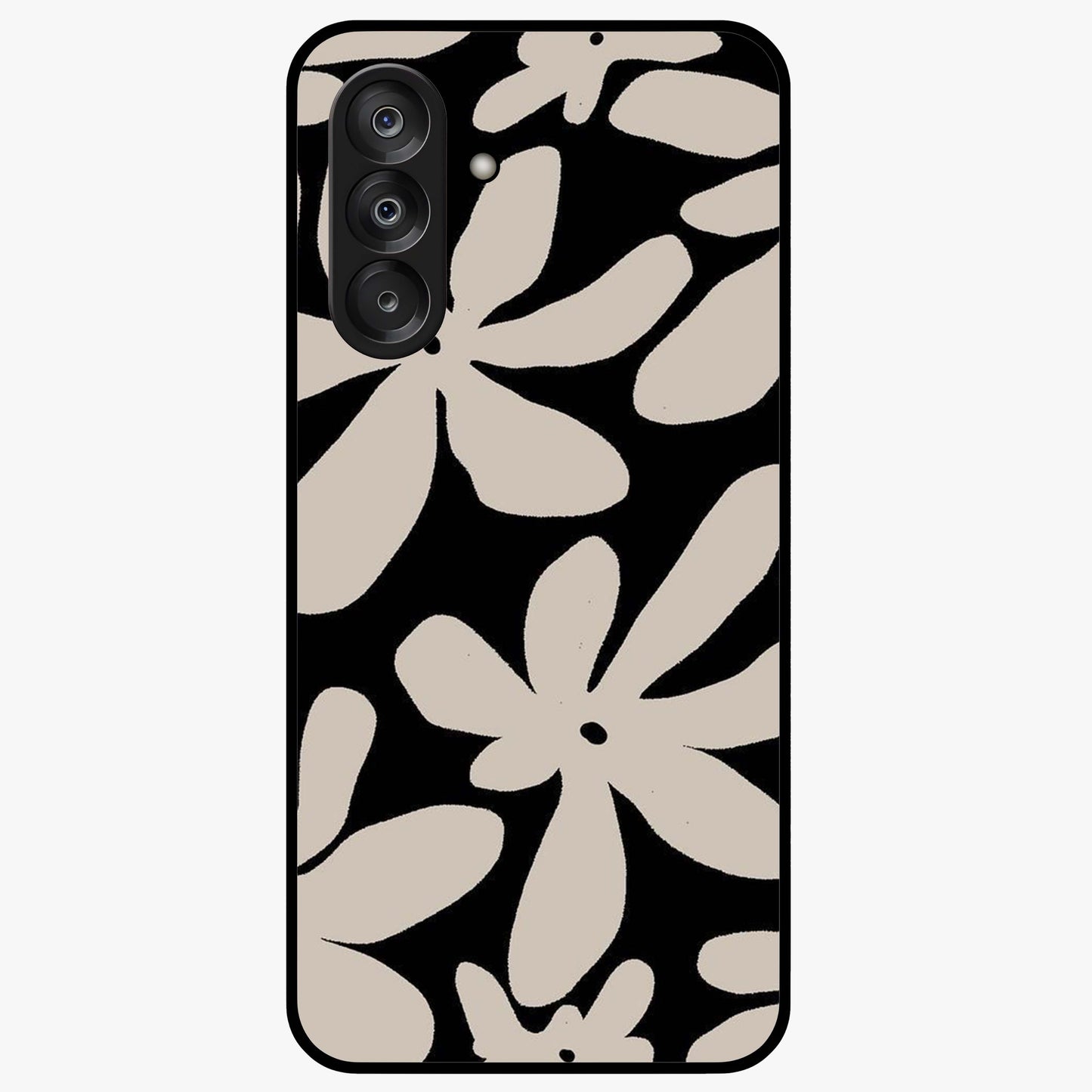 Monochrome Petal Dance Glass Case showing flat back view with monochrome floral artwork and glossy glass finish.