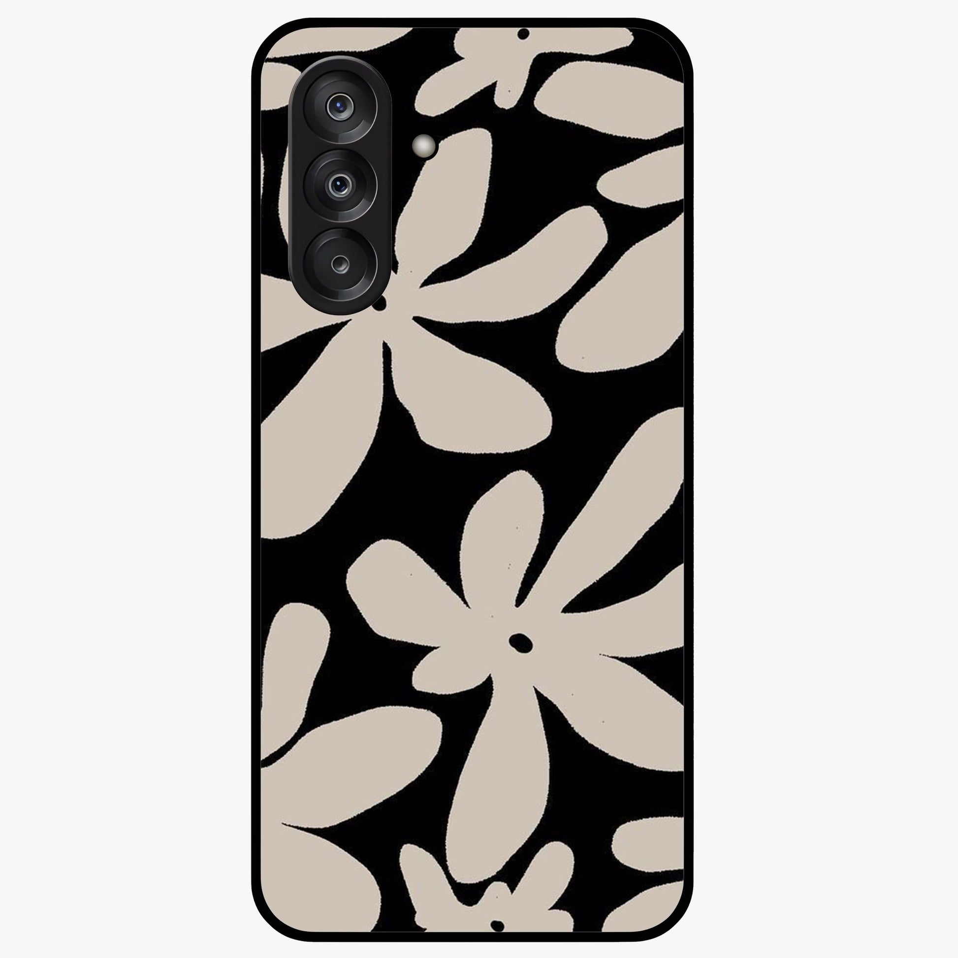 Monochrome Petal Dance Glass Case showing flat back view with monochrome floral artwork and glossy glass finish.