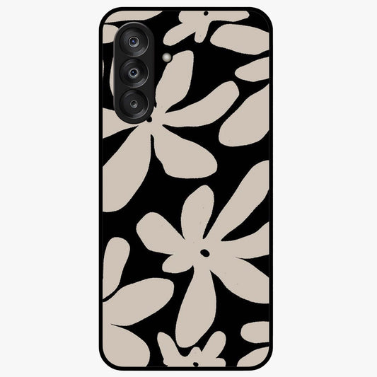 Monochrome Petal Dance Glass Case showing flat back view with monochrome floral artwork and glossy glass finish.