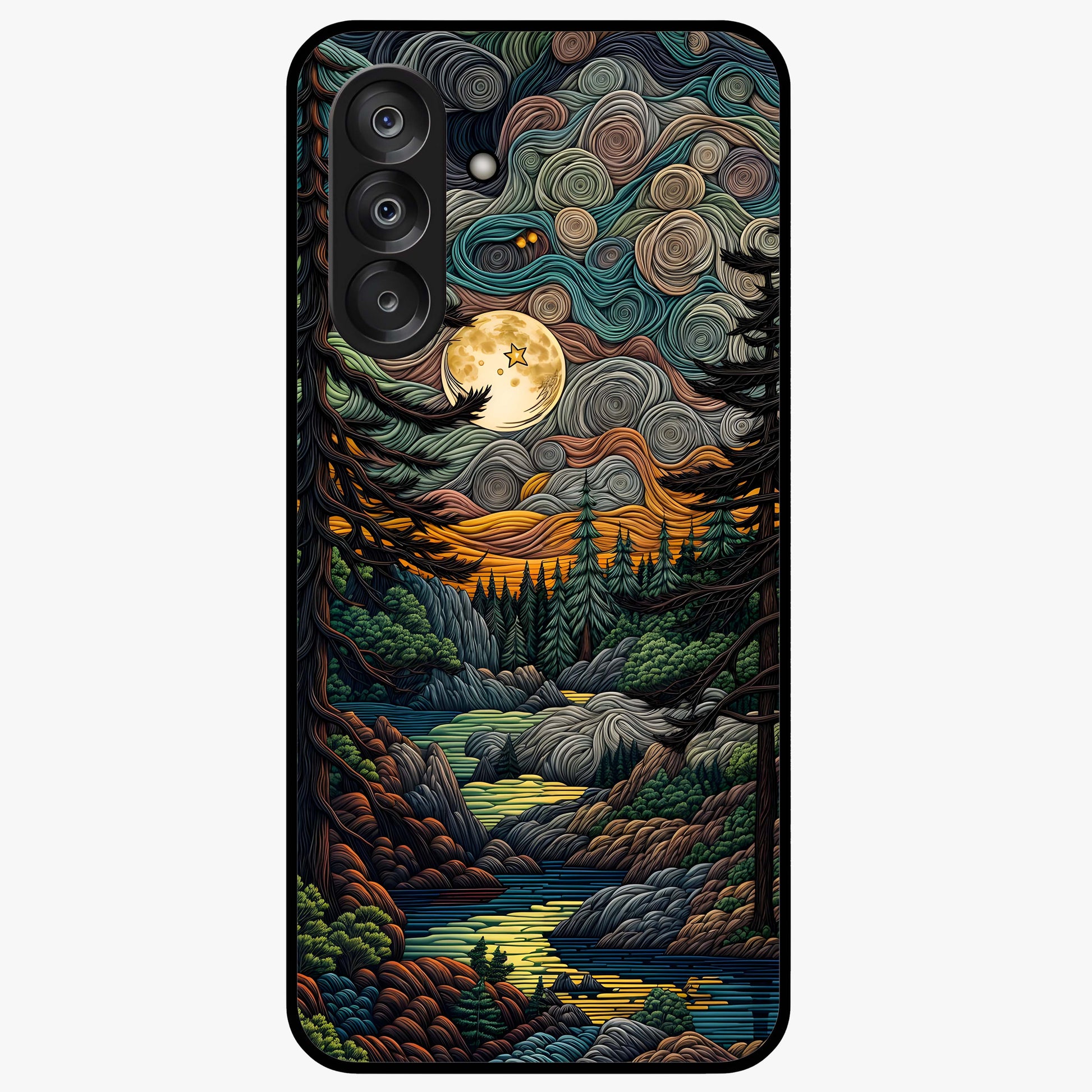 Moonlight Forest Dream Glass Case showing flat back view with mystical forest moonlight artwork and glossy glass finish.