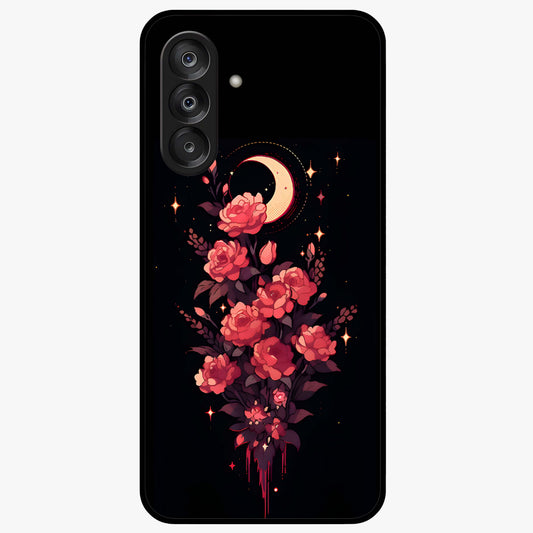 Moonlit Floral Elegance Glass Case showing flat back view with elegant floral artwork under moonlit tones and glossy glass finish.