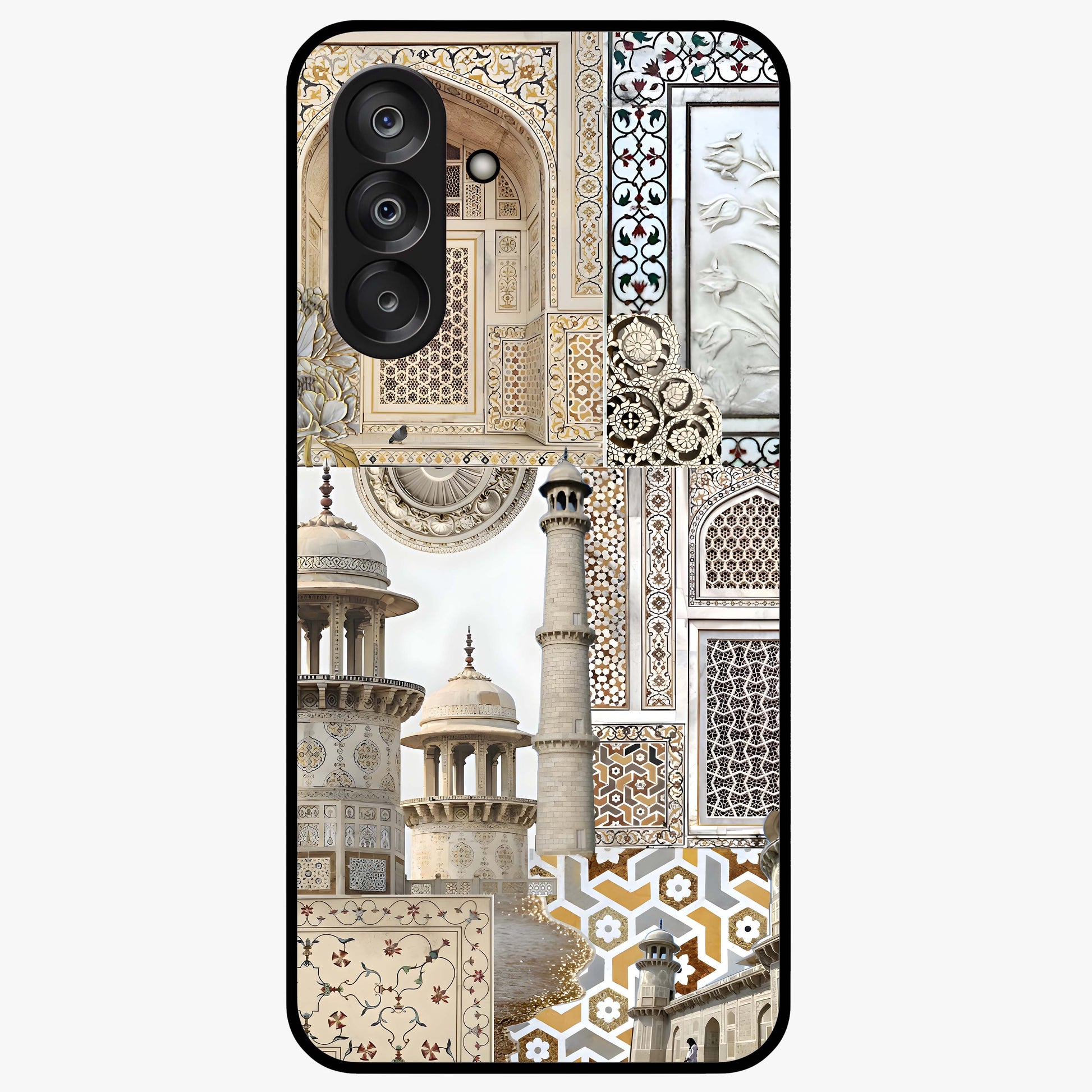 Mughal Marble Legacy Glass Case showing flat back view with intricate Mughal inspired marble pattern and glossy glass finish.