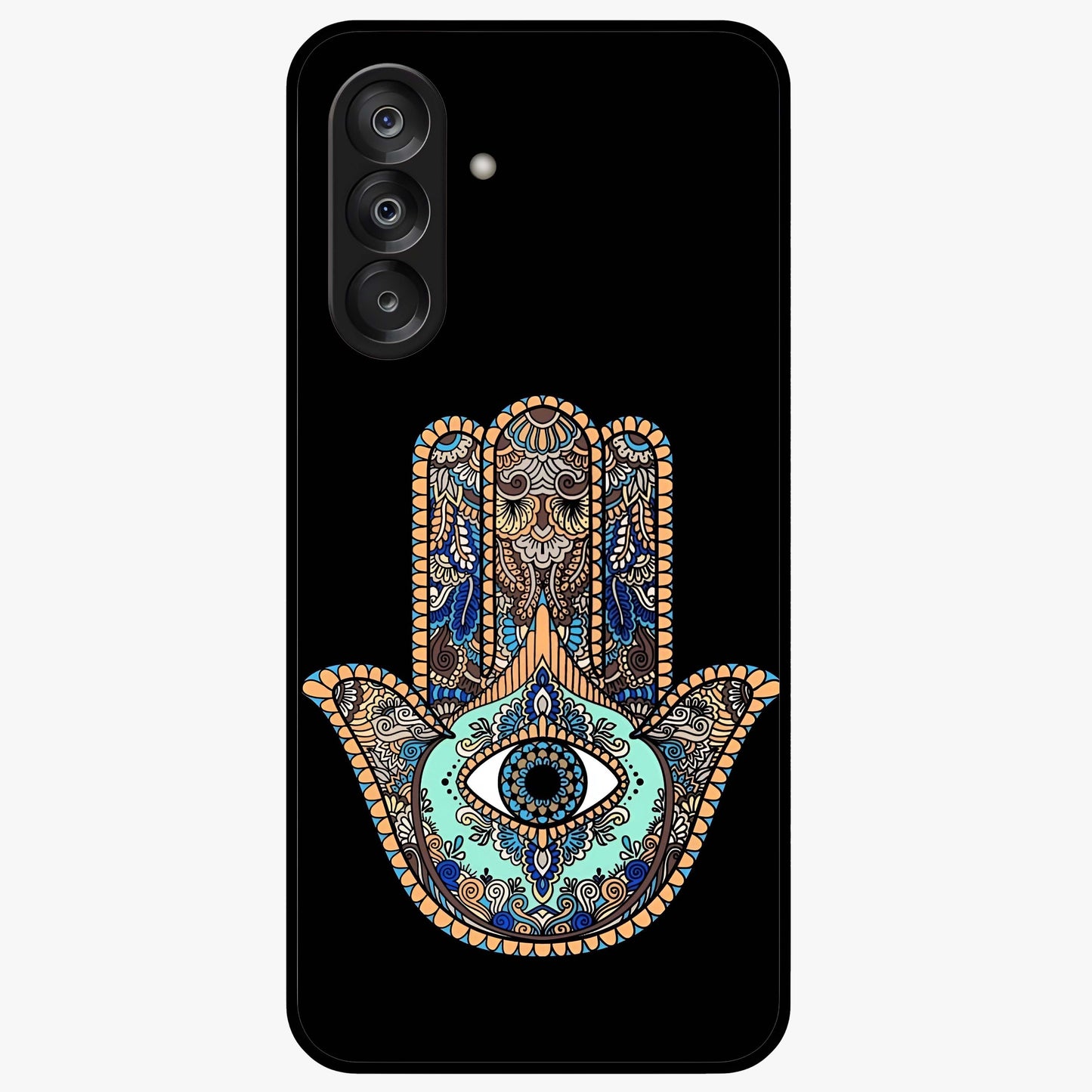 Mystic Hamsa Eye Glass Case showing flat back view with protective hamsa hand and evil eye artwork and glossy glass finish.