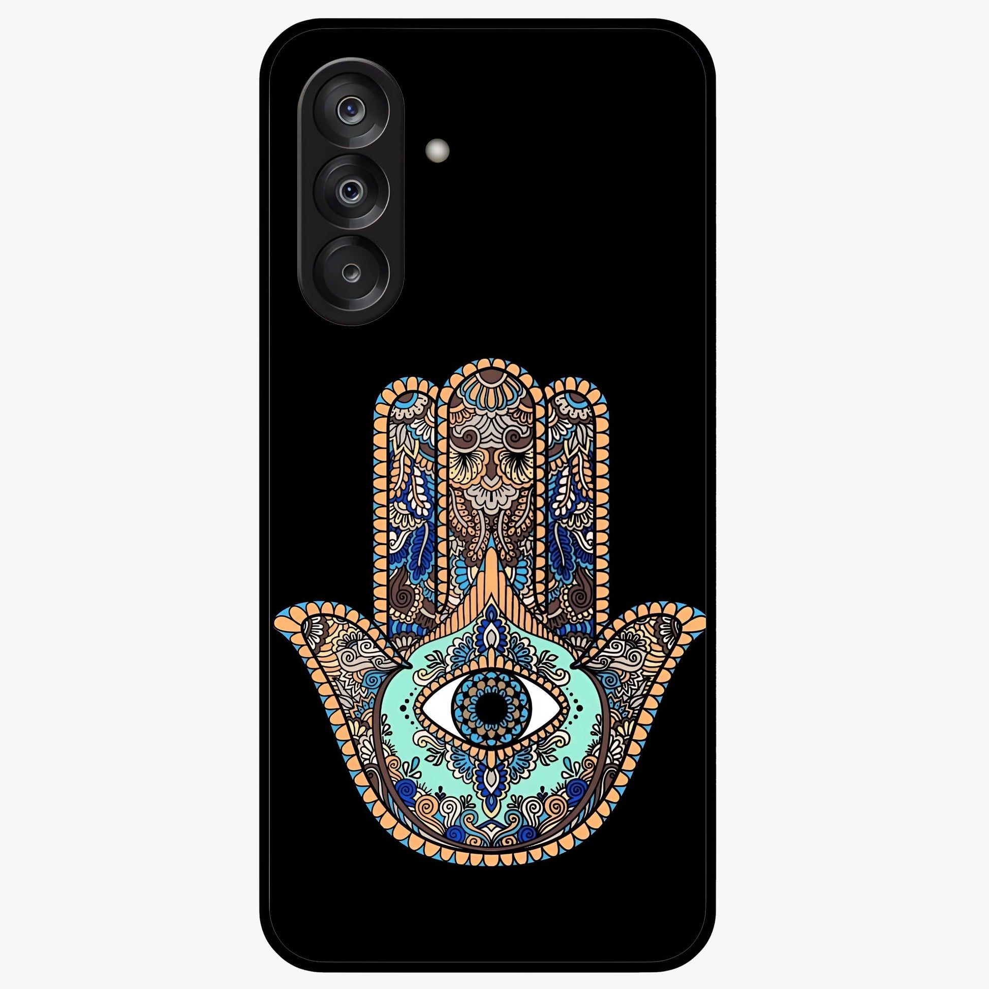 Mystic Hamsa Eye Glass Case showing flat back view with protective hamsa hand and evil eye artwork and glossy glass finish.