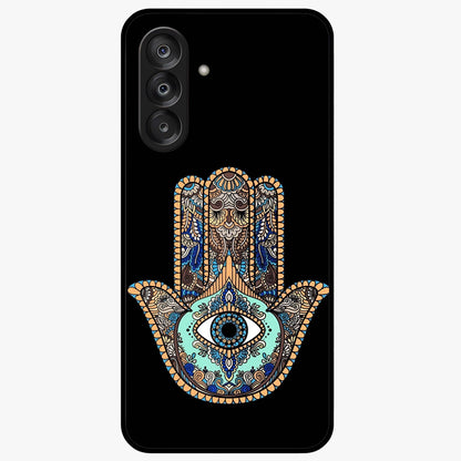 Mystic Hamsa Eye Glass Case showing flat back view with protective hamsa hand and evil eye artwork and glossy glass finish.
