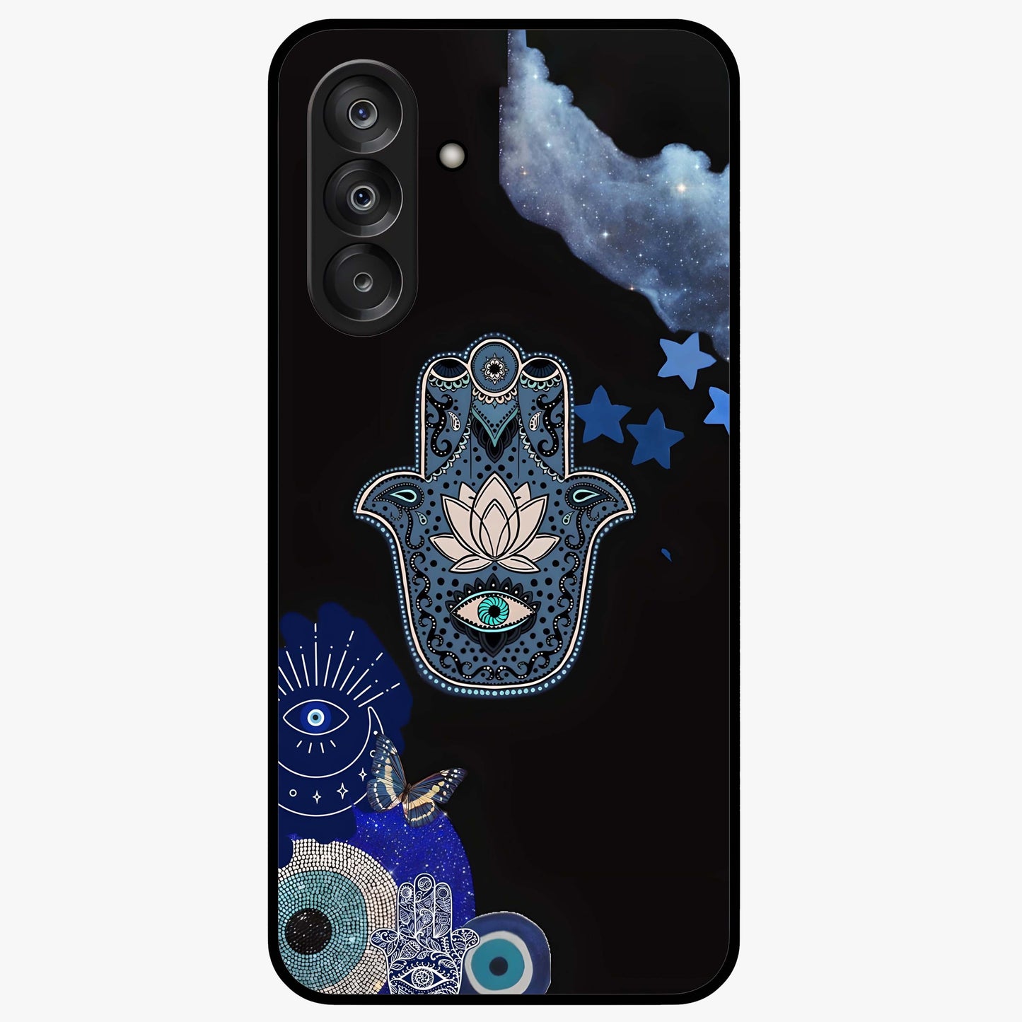 Mystic Hand Aura Glass Case showing flat back view with mystical hand symbol artwork and glossy glass finish.