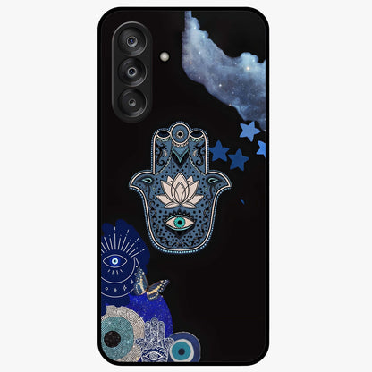 Mystic Hand Aura Glass Case showing flat back view with mystical hand symbol artwork and glossy glass finish.