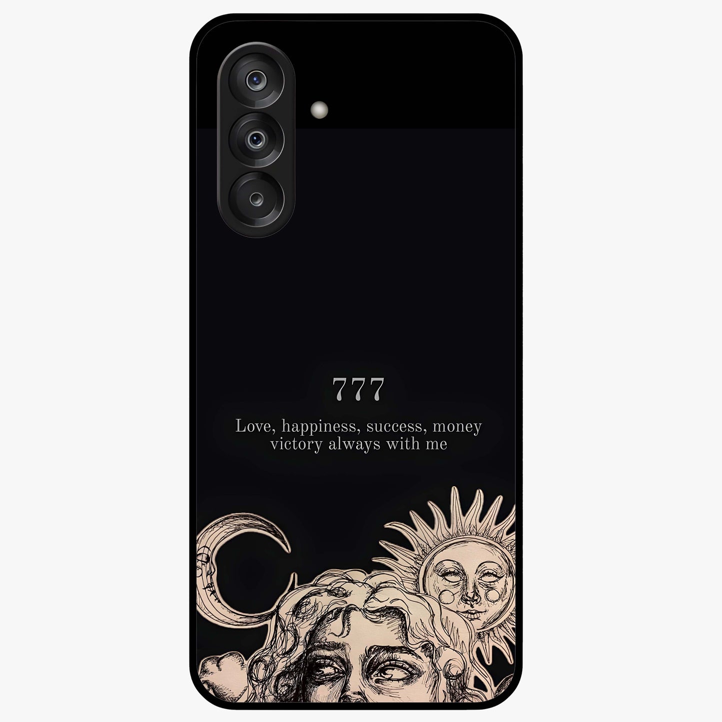 Mystic Victory Aura Glass Case showing flat back view with victory symbol artwork and glossy glass finish.