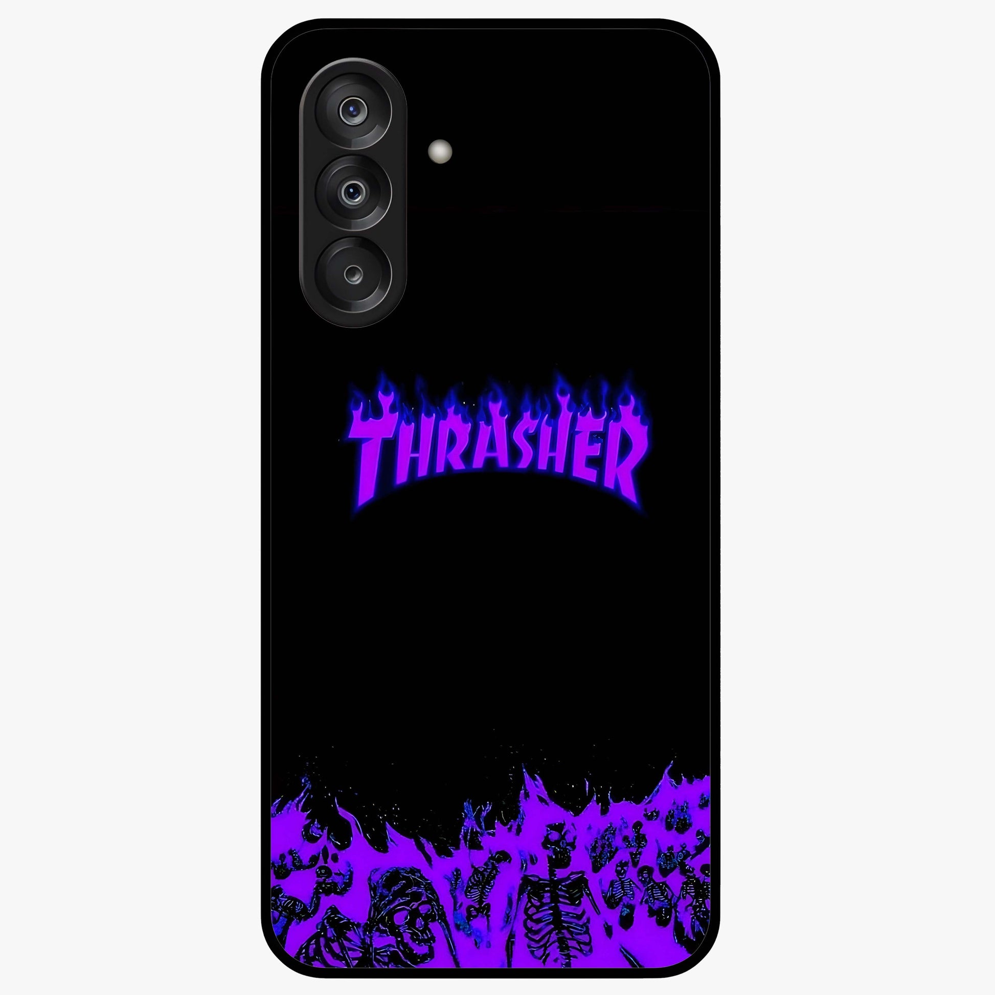 Neon Flame Riot Glass Case showing flat back view with neon flame artwork and glossy glass finish.