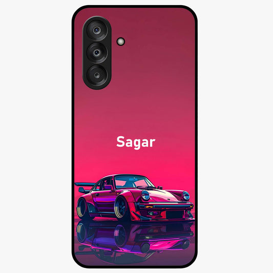 Neon Pink Porsche Glass Case showing flat back view with stylish sports car artwork and glossy glass finish.