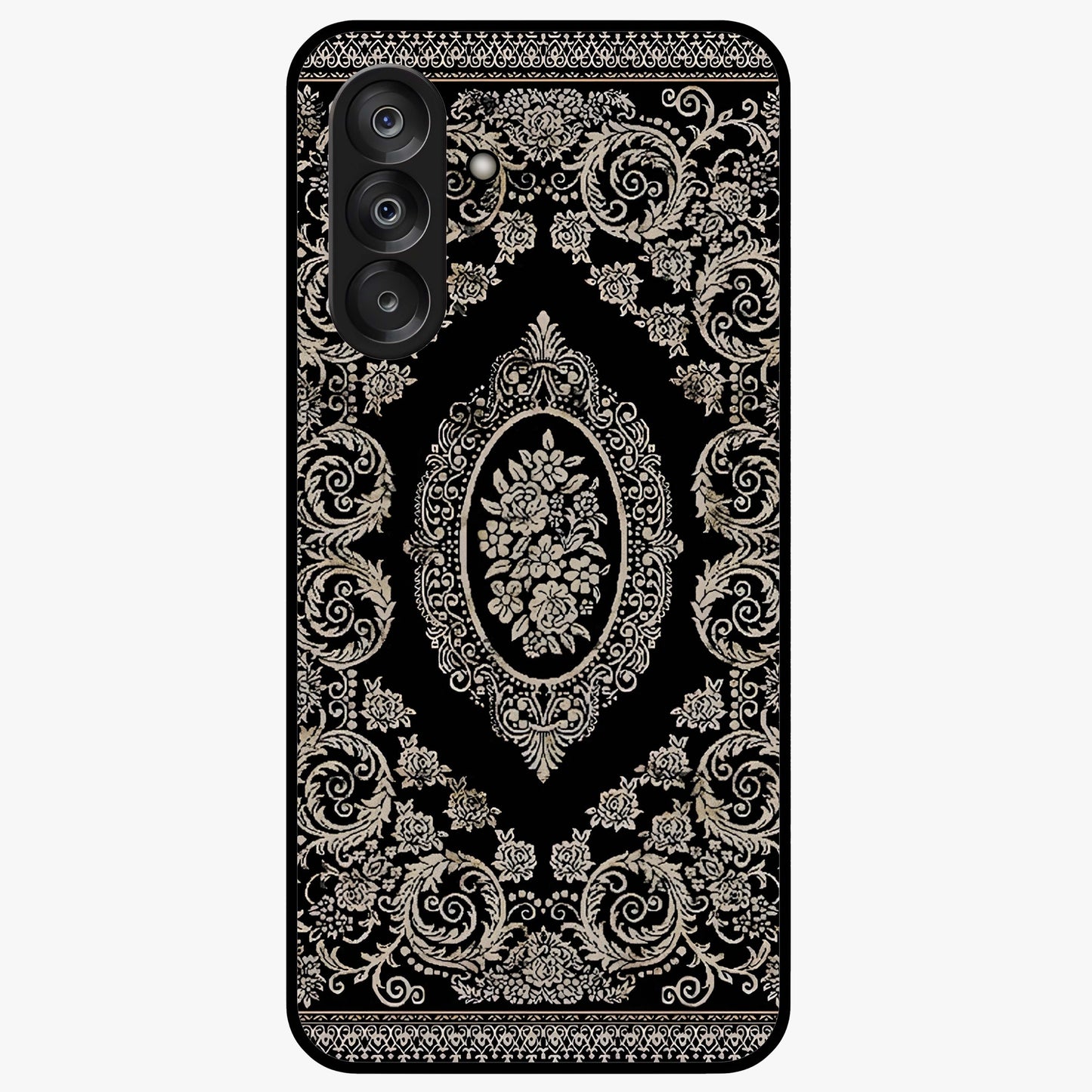 Noir Bloom Elegance Glass Case showing flat back view with elegant dark floral artwork and glossy glass finish.
