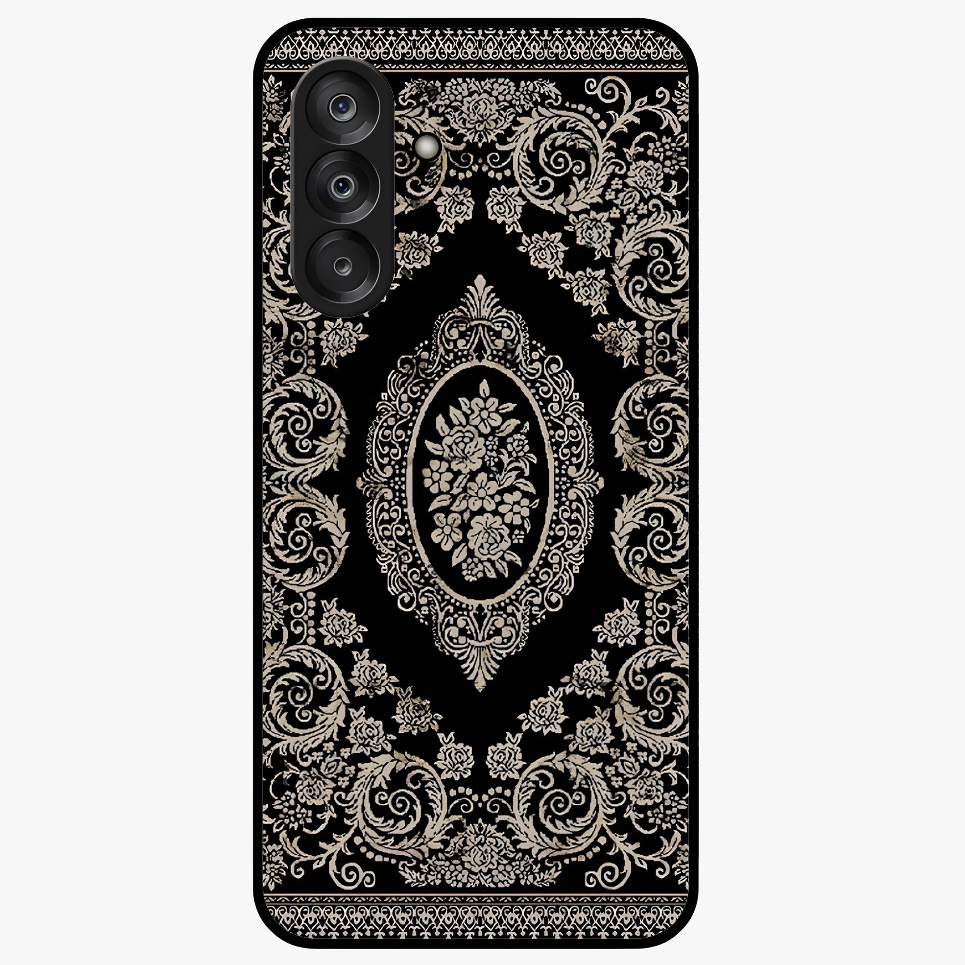 Noir Bloom Elegance Glass Case showing flat back view with elegant dark floral artwork and glossy glass finish.