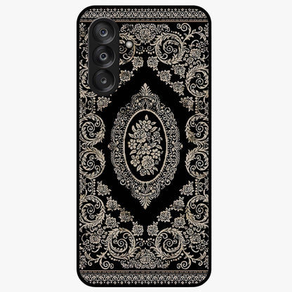 Noir Bloom Elegance Glass Case showing flat back view with elegant dark floral artwork and glossy glass finish.