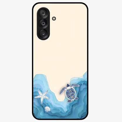 Ocean Drift Turtle Glass Case showing flat back view with sea turtle artwork and glossy glass finish.