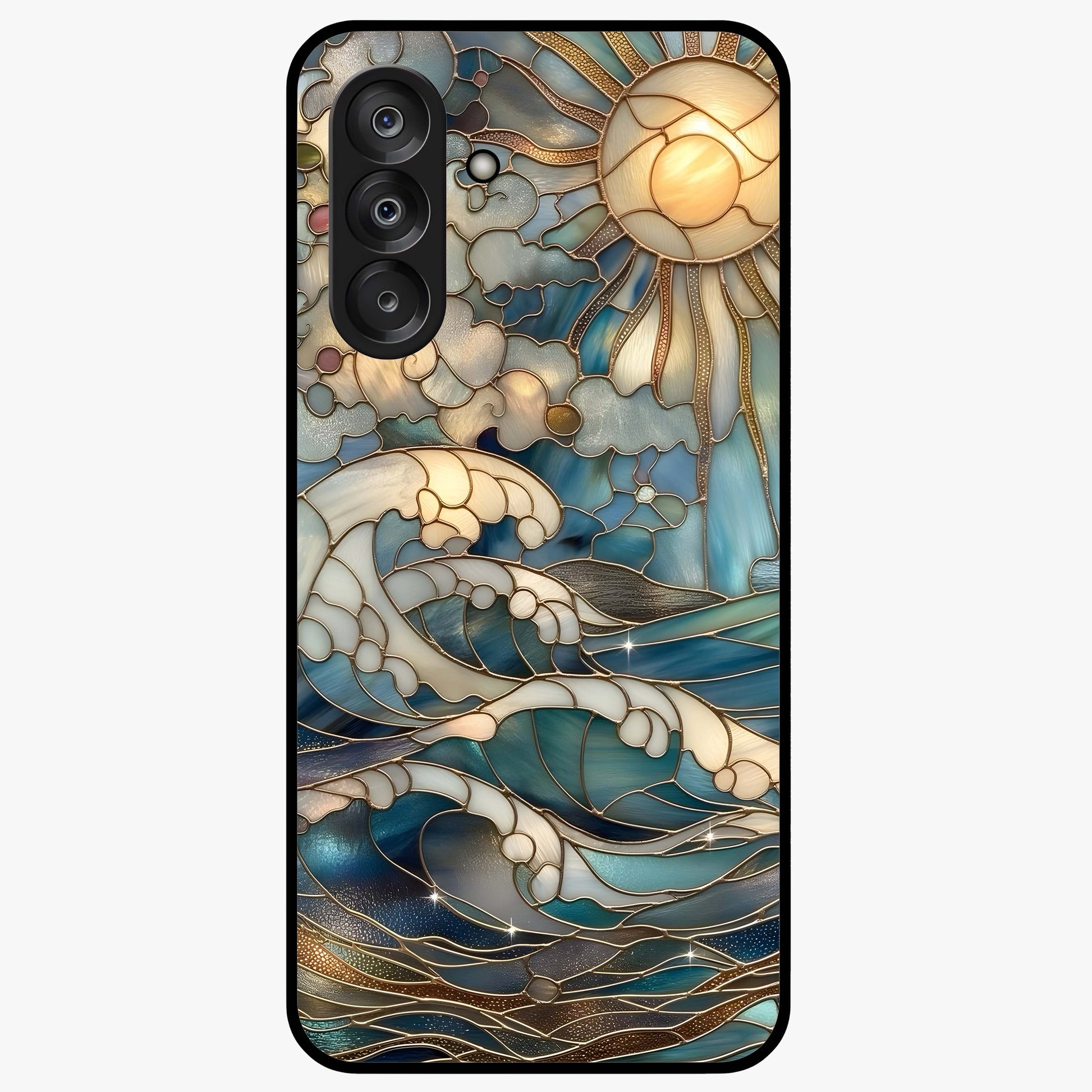 Oceanic Stained Printed Glass Case showing flat back view with ocean inspired stained pattern artwork and glossy glass finish.