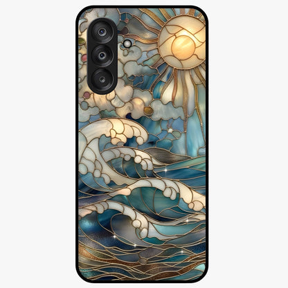 Oceanic Stained Printed Glass Case showing flat back view with ocean inspired stained pattern artwork and glossy glass finish.