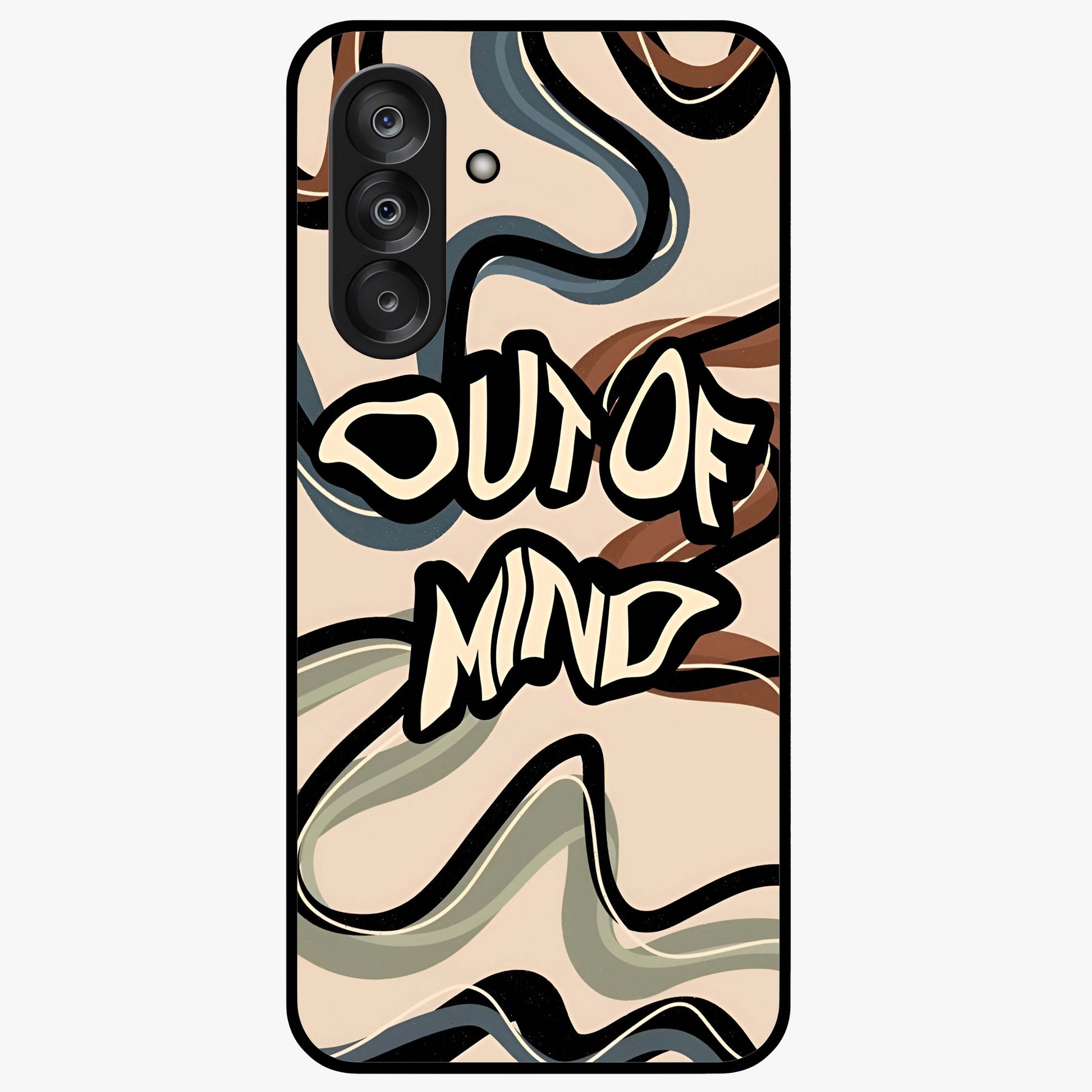 Out Of Mind Glass Case showing flat back view with expressive typography artwork and glossy glass finish.