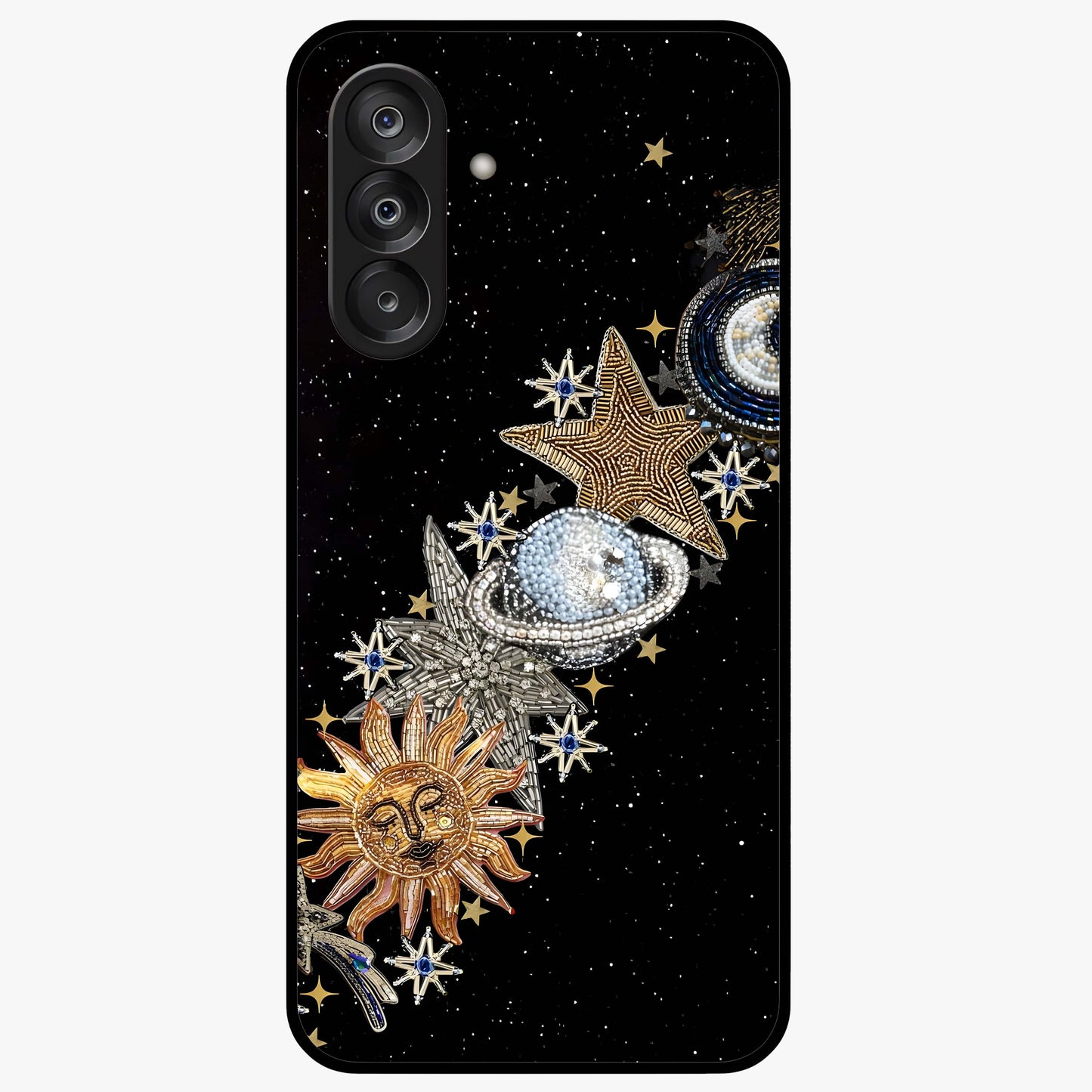 Pearls Universe Object Glass Case showing flat back view with pearl inspired cosmic artwork and glossy glass finish.