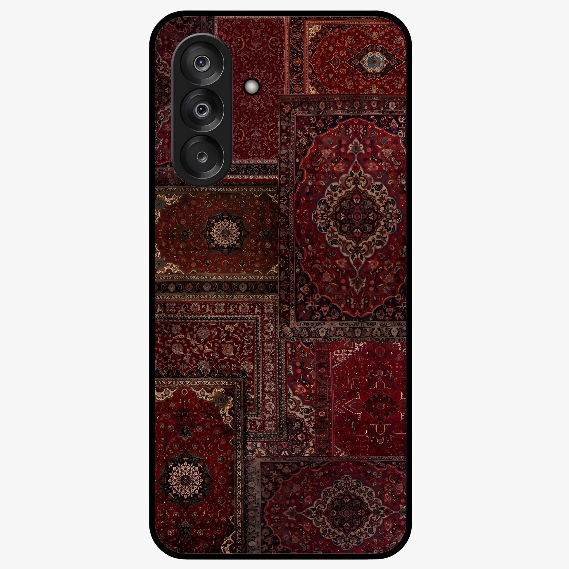 Persian Velvet Tale Glass Case showing flat back view with luxurious Persian velvet pattern artwork and glossy glass finish.