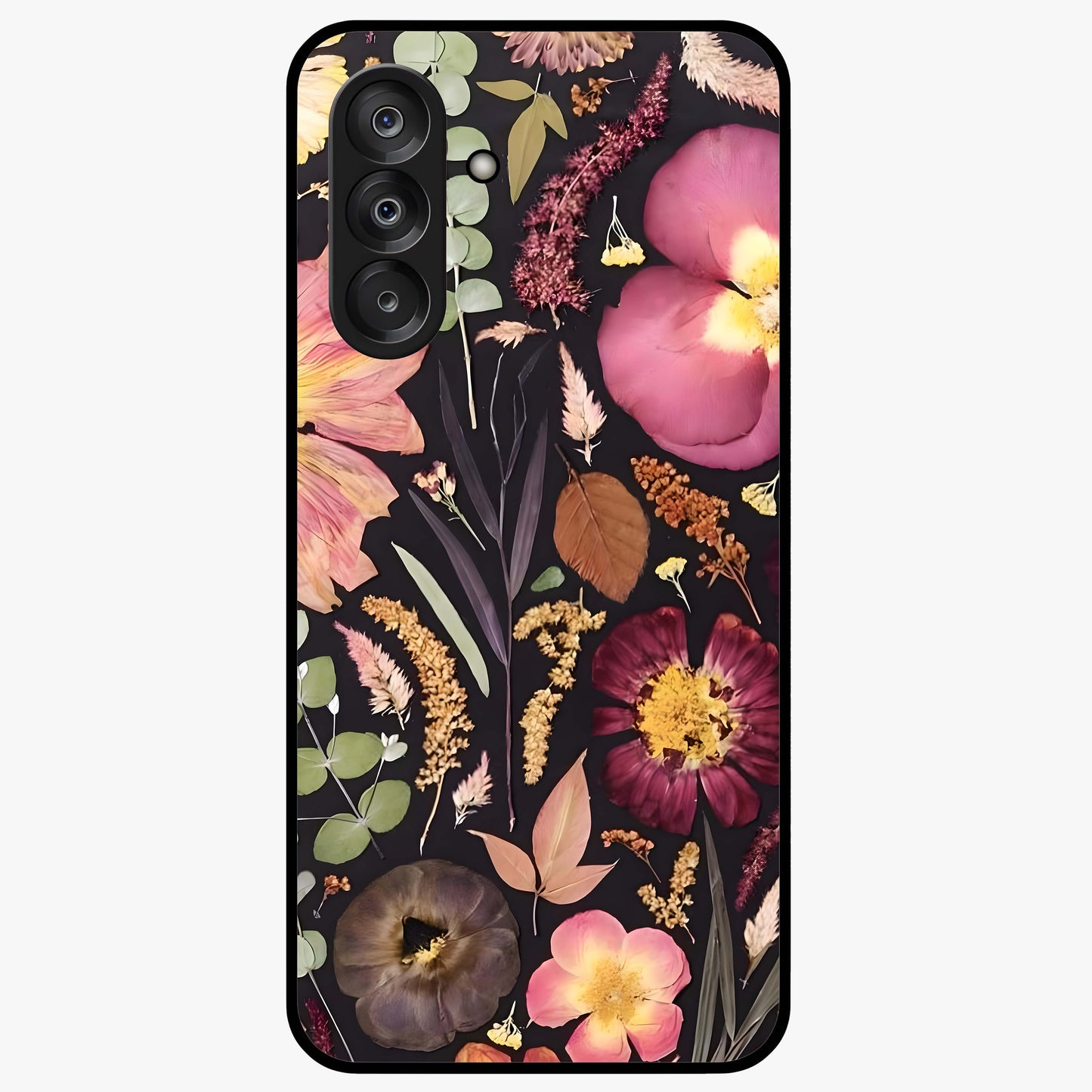 Petal Dream Tapestry Glass Case showing flat back view with intricate floral tapestry artwork and glossy glass finish.