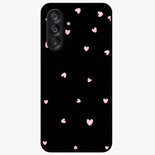Pink Love Drops Glass Case showing flat back view with playful pink heart drops artwork and glossy glass finish.