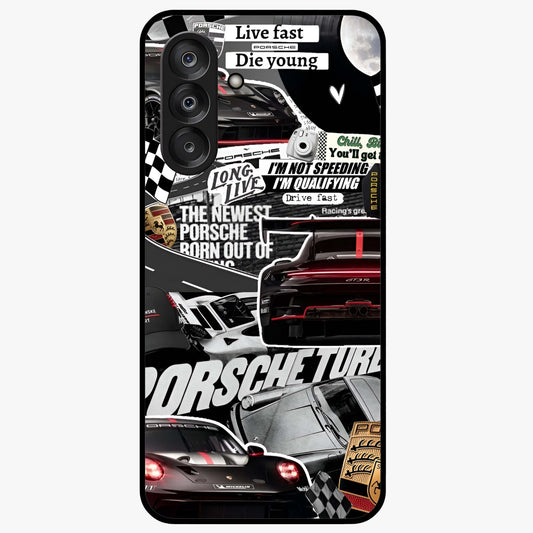 Porsche Racing Collage Glass Case showing flat back view with sports car racing collage artwork and glossy glass finish.